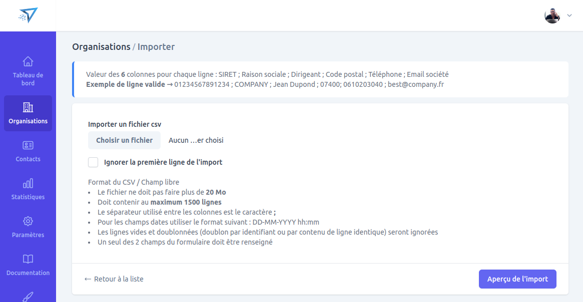 Écran d'import basique