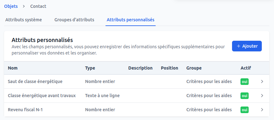 Liste des attributs personnalisés