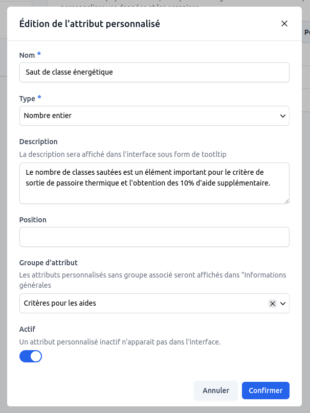 Édition d'un attribut personnalisé