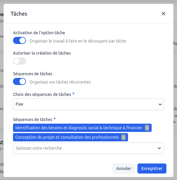 Paramétrage des tâches
